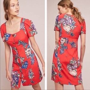 Anthropologie (Maeve) Caldwell Red Floral Midi Dress with Button Front
